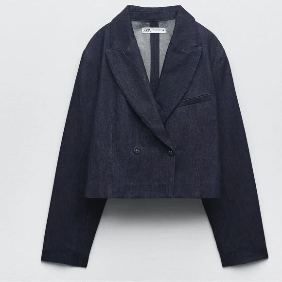 ZARA DOUBLE BREASTED CROP DENIM BLAZER - Main Image